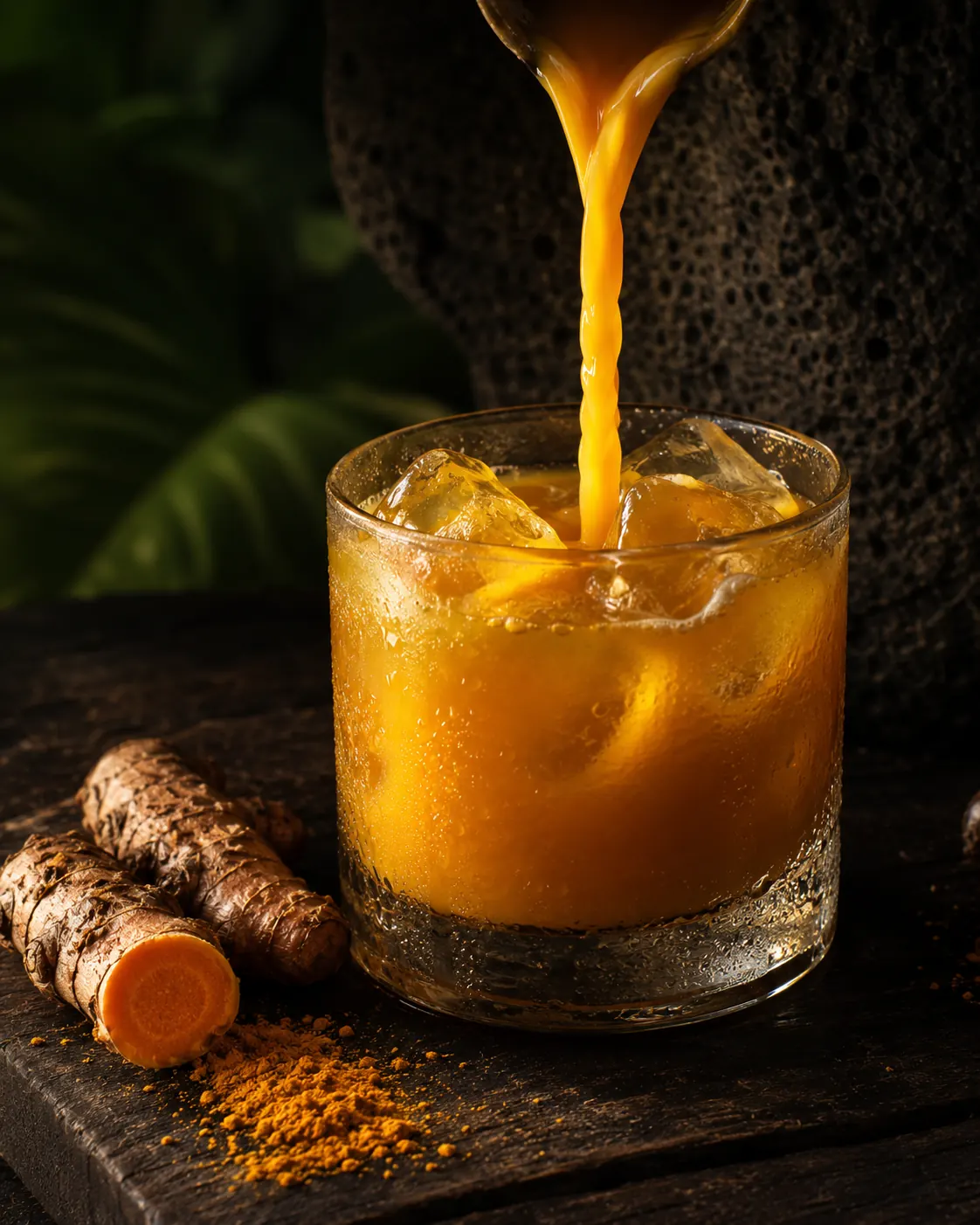 Jamu doré versé dans un verre glacé, geste de dégustation