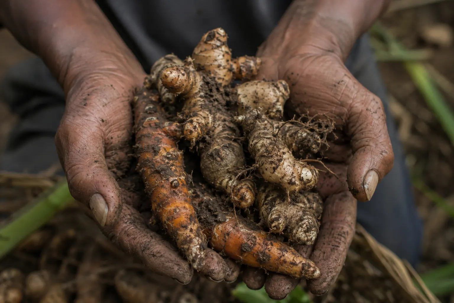 Mains tenant des racines de curcuma fraîchement récoltées